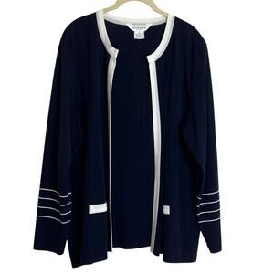Exclusively Misook Woman 3X Navy White Trim Open Front Knit Cardigan Jacket